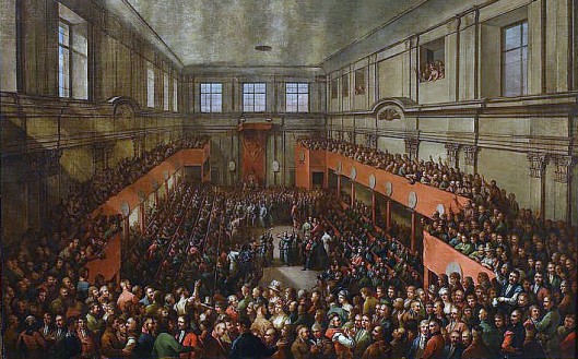 Obraz przedstawiający uchwalenie Konstytucji 3 maja, w sali zgromadzony jest tłum ludzi. 